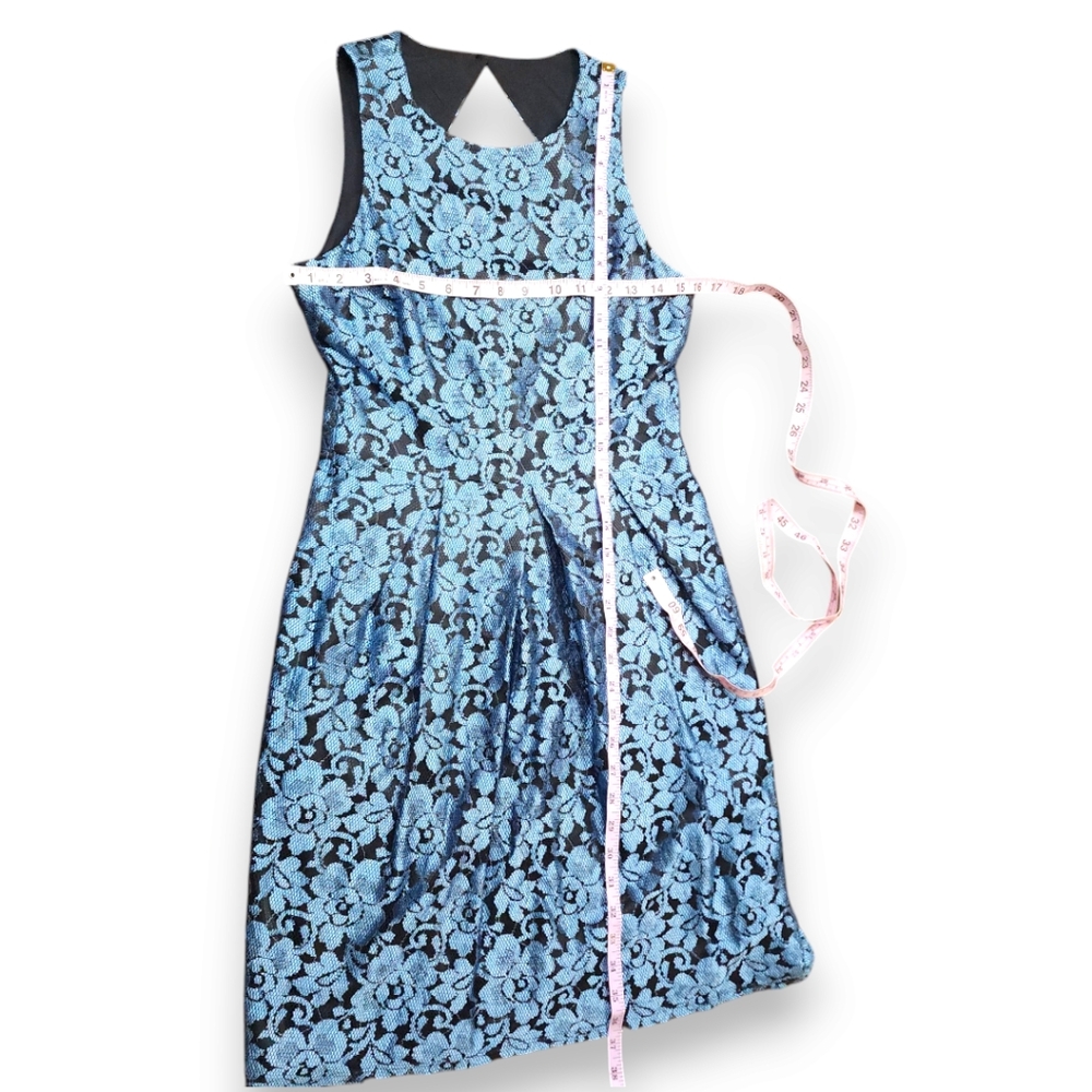 Eliza J Lace Black Blue Floral Cocktail Fit Flare Pleated Mini Dress Size 4 - Picture 8 of 17